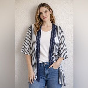 Striped Open-Front Cardigan with Navy Lace Inset - Women
